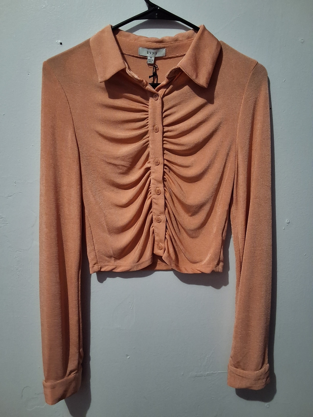 EVRI Peach Ruched Button-Front Collared Blouse